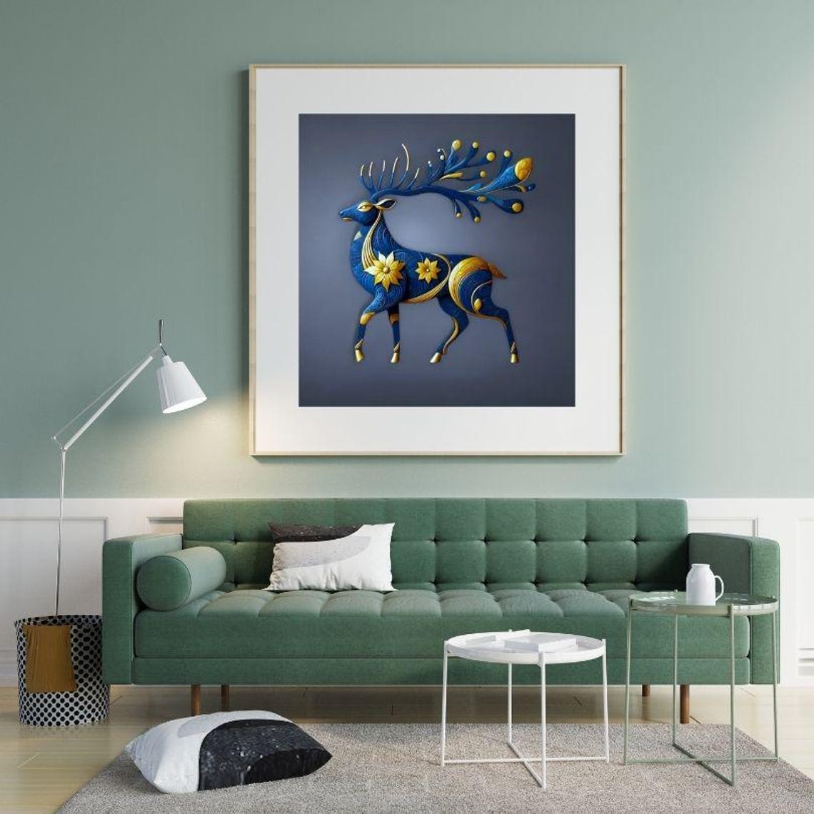 Blue And Gold Stylized Stag With Sweeping Decorative Antlers Poster - Image 2