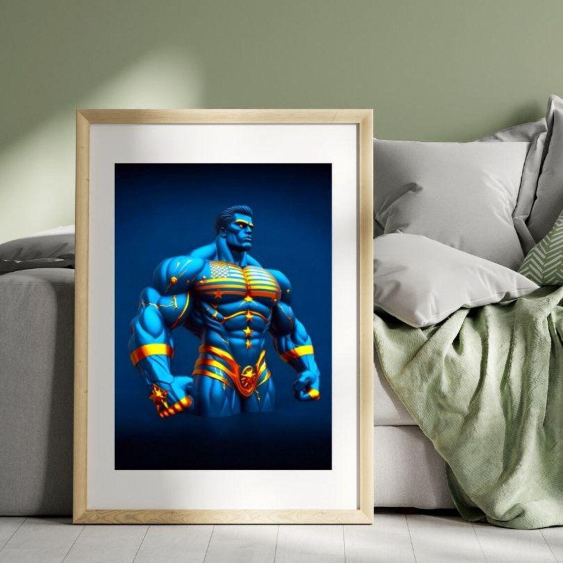 Blue Superhero Muscle Man Gold Stars Patriotic Modern Art Poster - Image 2