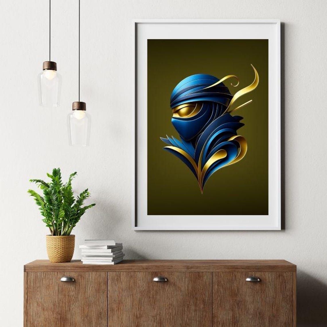 Stylized Blue Ninja Head with Golden Accents on Olive Art Poster - Image 2