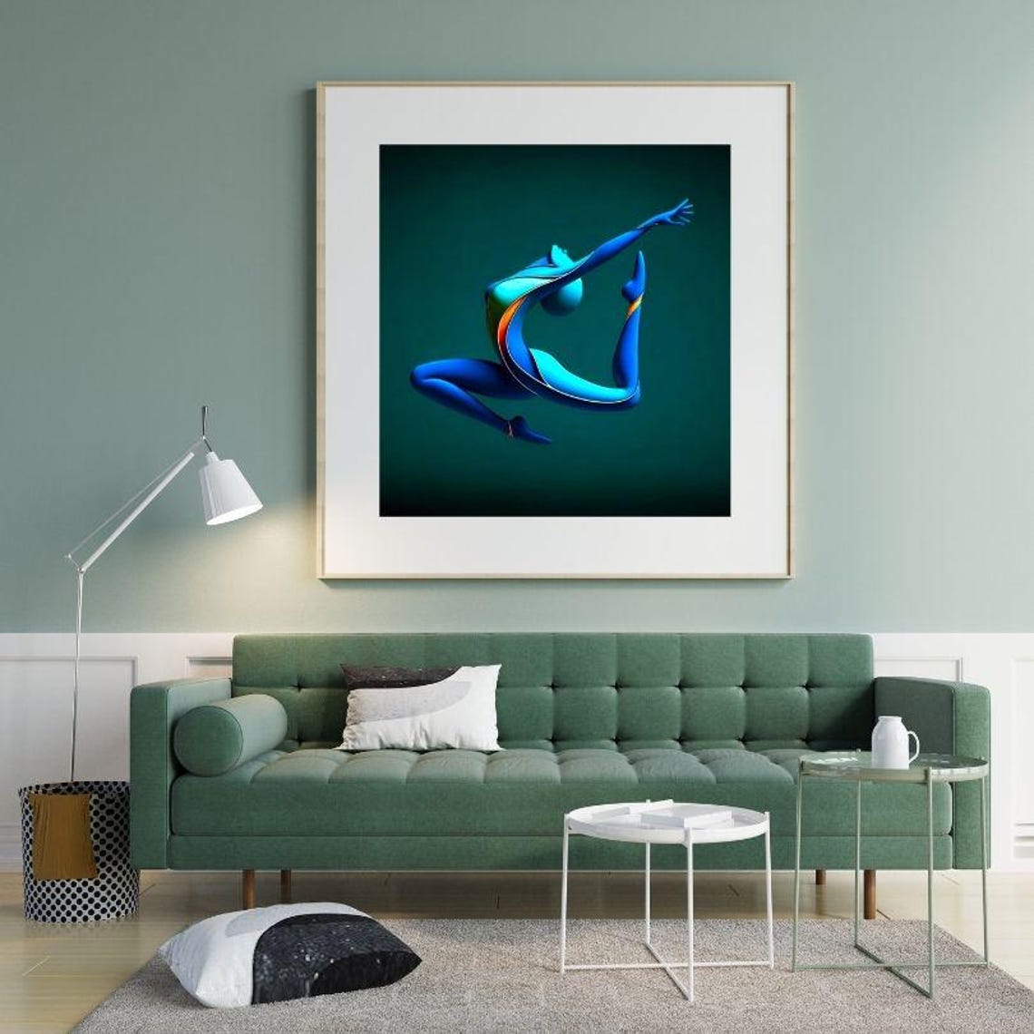 Leaping Blue Dancer Sculpture Pose on Dark Teal Gradient Art Poster - Image 2