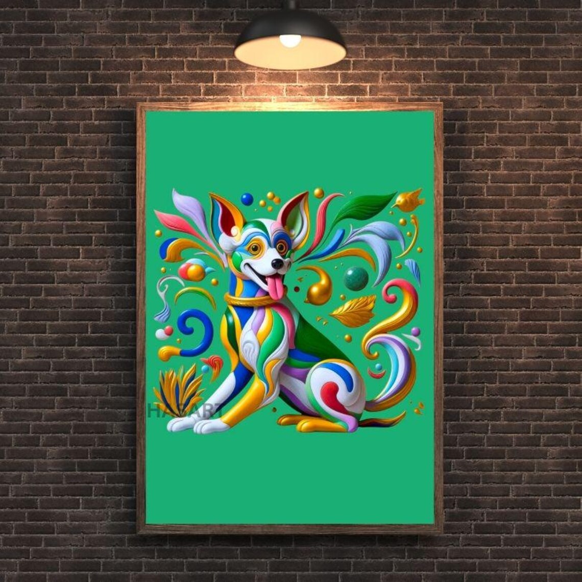 Joyful Rainbow Dog with Tongue Out on Bright Green Art Poster