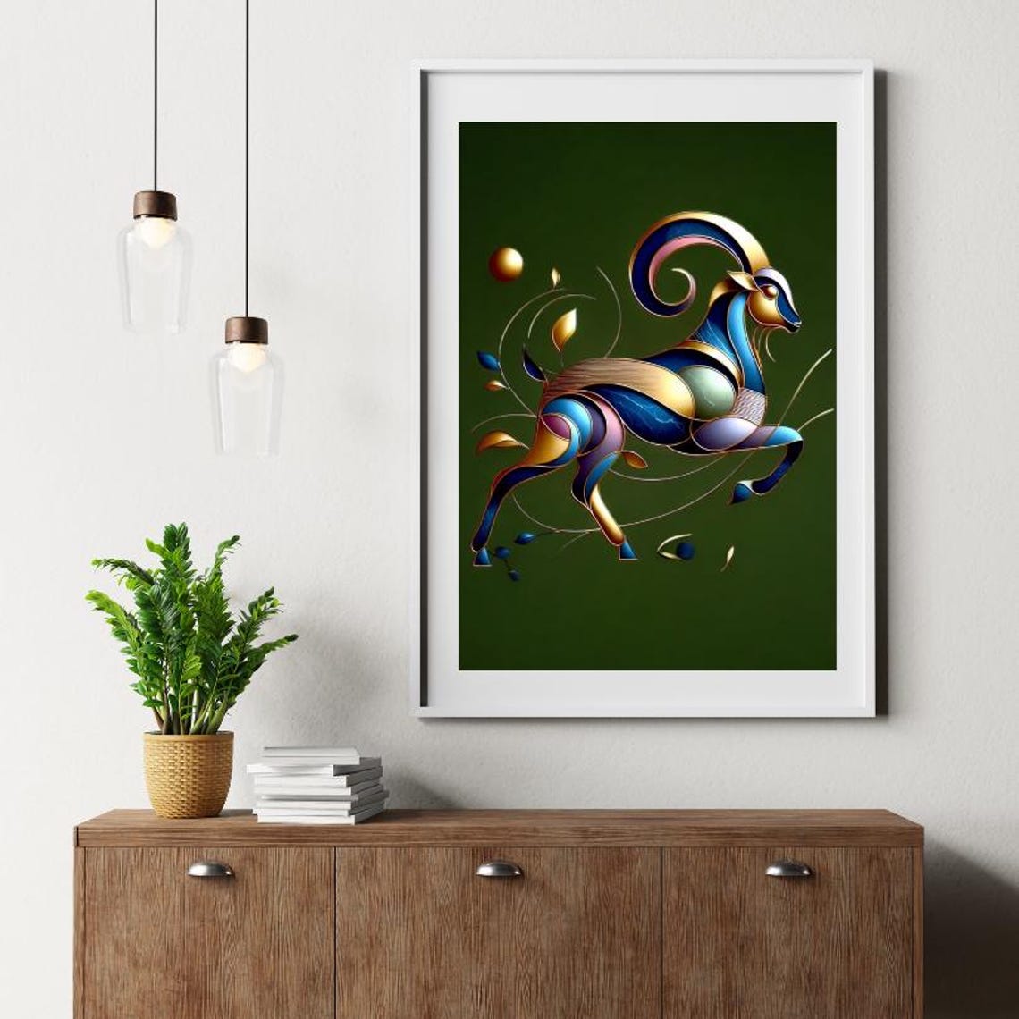 Blue Gold Metallic Leaping Ibex Goat Elegant Modern Art Poster - Image 2
