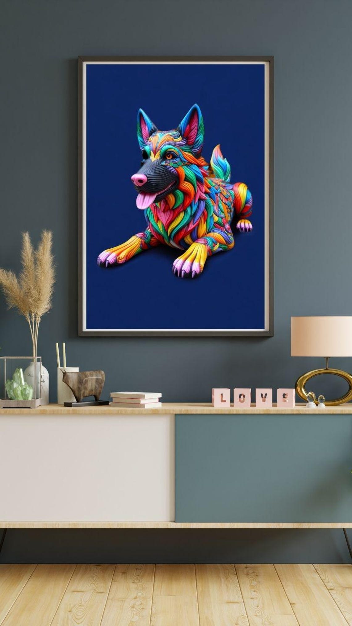 Rainbow German Shepherd with Tongue Out on Deep Navy Blue Art Poster - Image 2