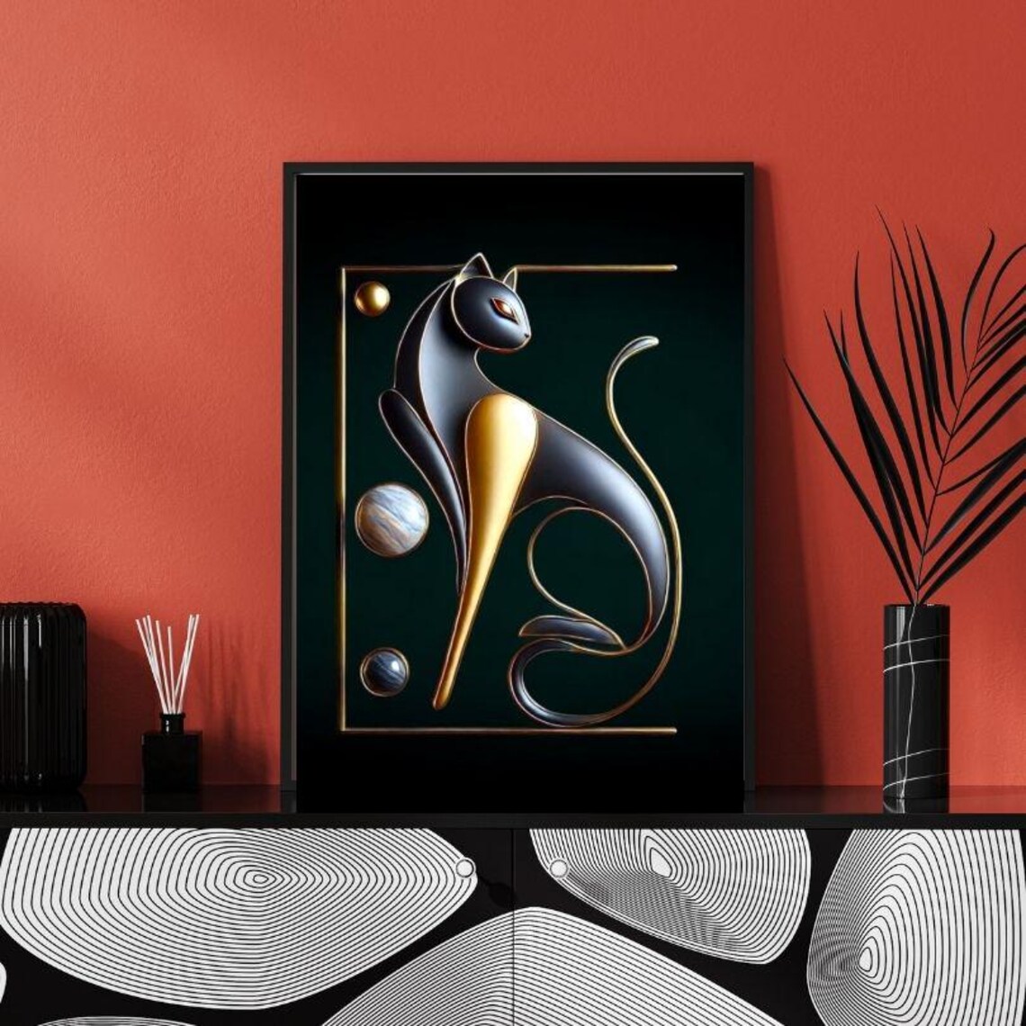 Sleek Black and Gold Geometric Cat Sitting in Deco Style Art Poster - Image 2