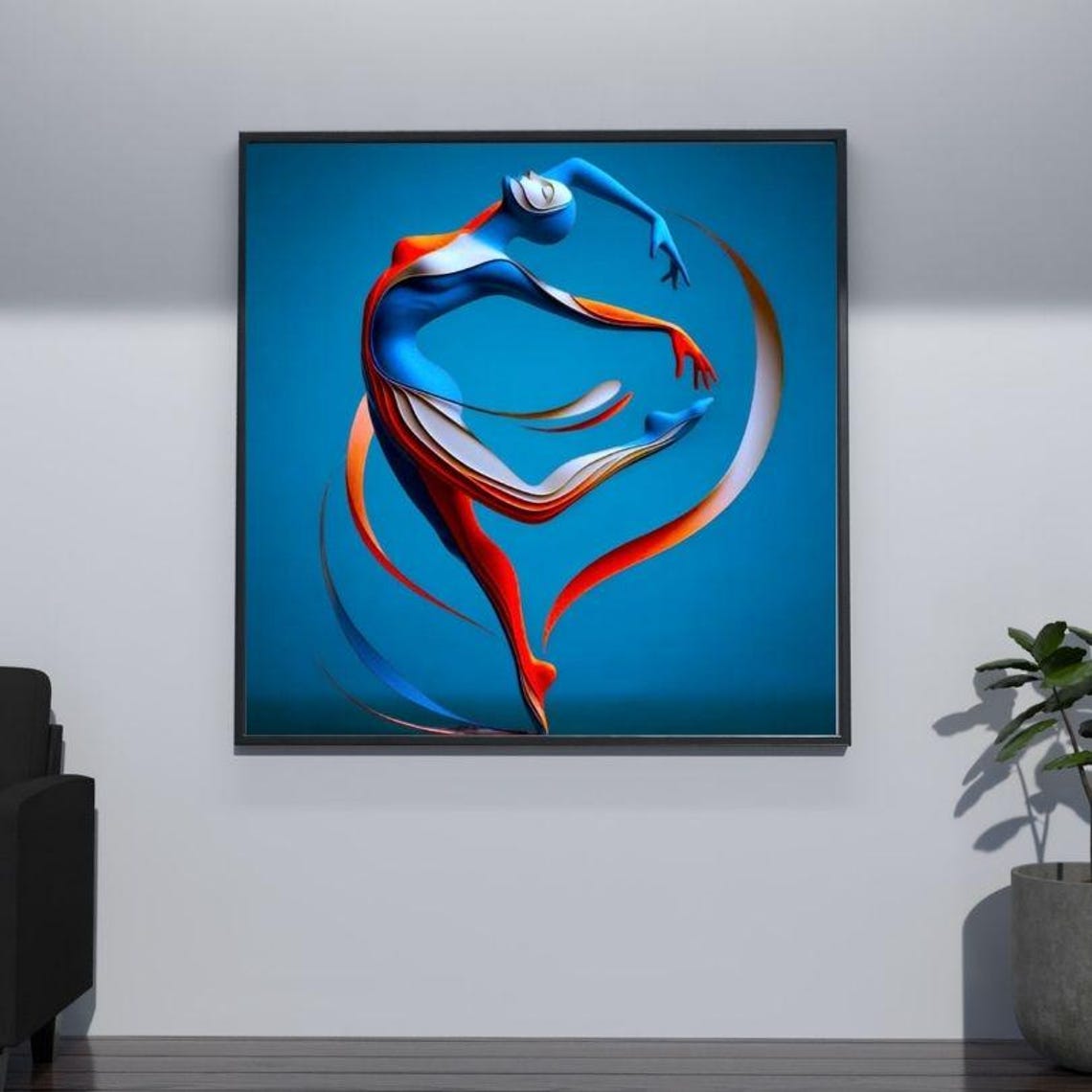 Abstract Ribbon Dancer in Blue and Red on Turquoise Art Poster - Image 3