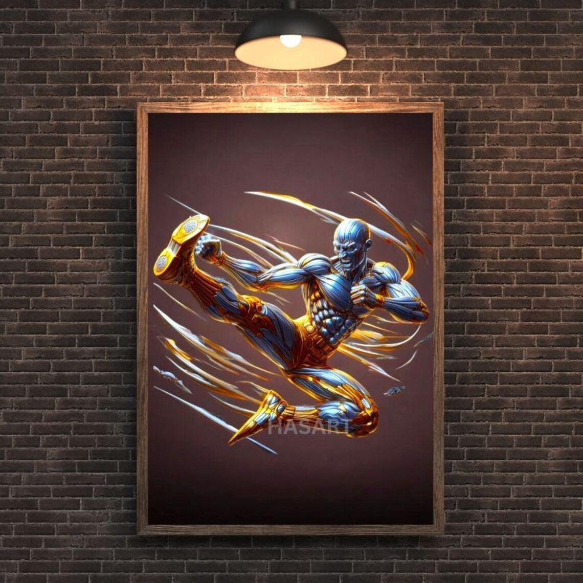 Golden Kickboxer Mid-Kick with Motion Trails Combat Art Poster