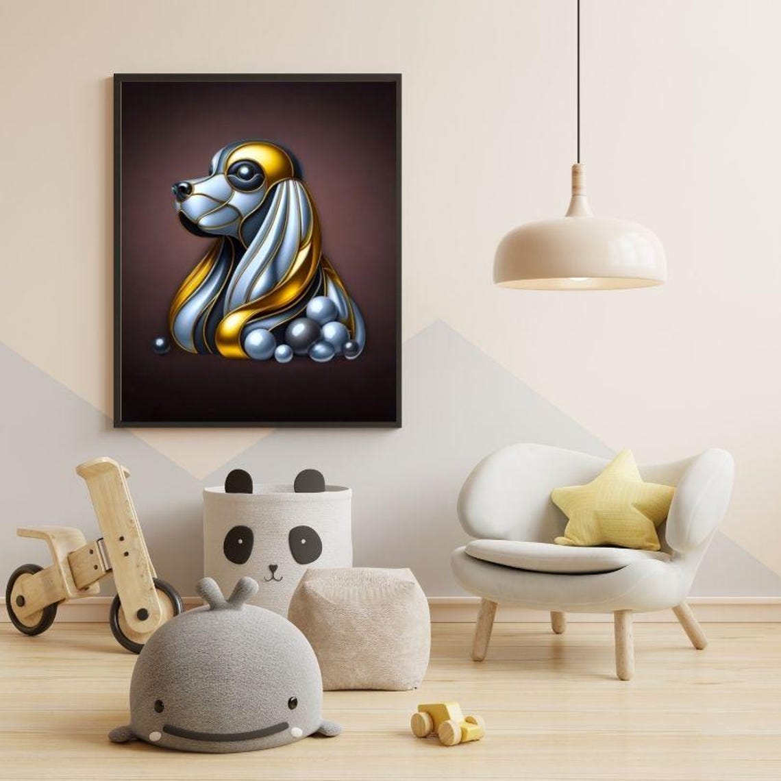 Silver Gold Metallic Spaniel Dog Head Pearls Elegant Art Poster - Image 3