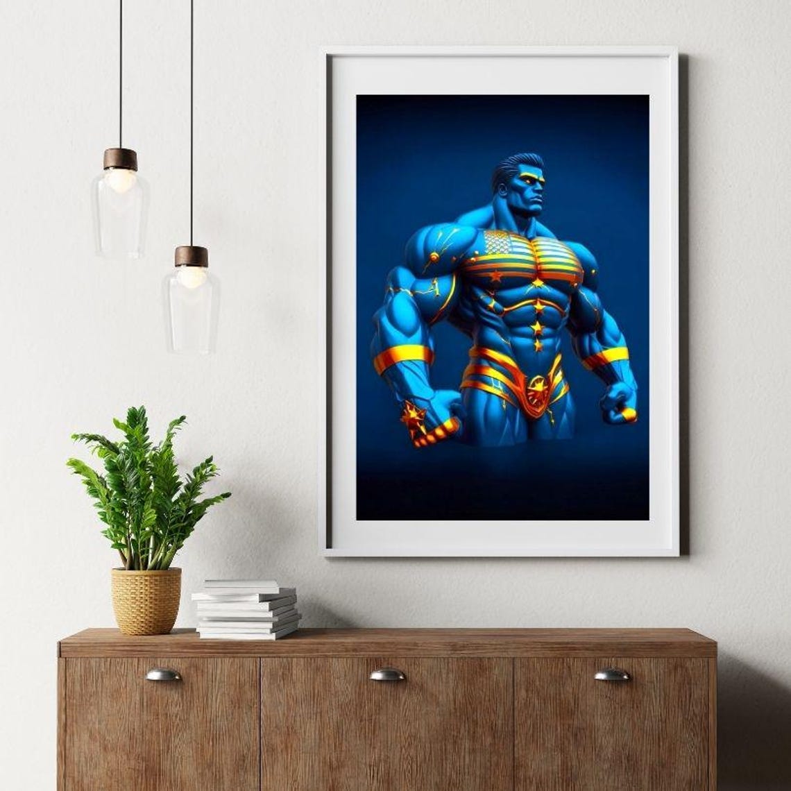 Blue Superhero Muscle Man Gold Stars Patriotic Modern Art Poster - Image 3