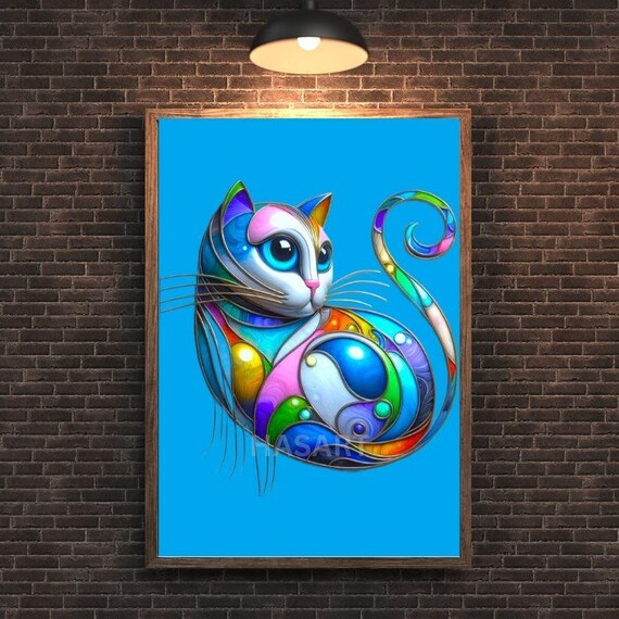 Stained Glass Rainbow Curled Cat Portrait On Blue Modern Art Poster