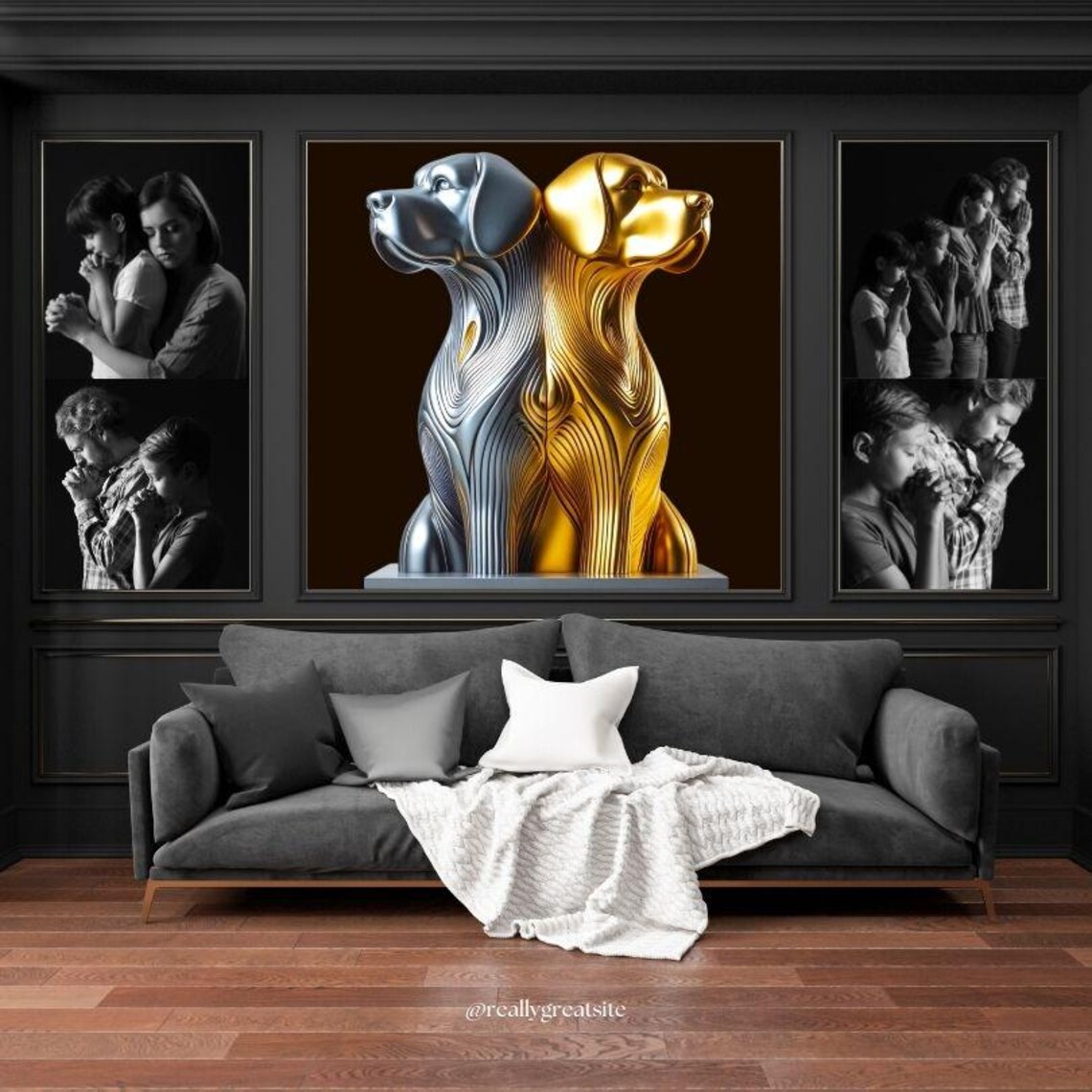 Twin Silver and Gold Dog Heads in a Mirrored Sculpture Poster - Image 3