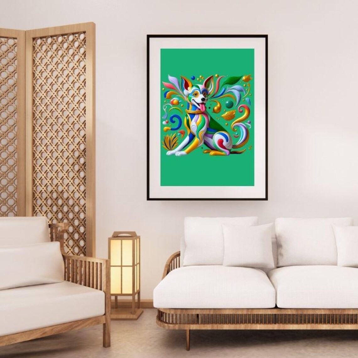 Joyful Rainbow Dog with Tongue Out on Bright Green Art Poster - Image 2