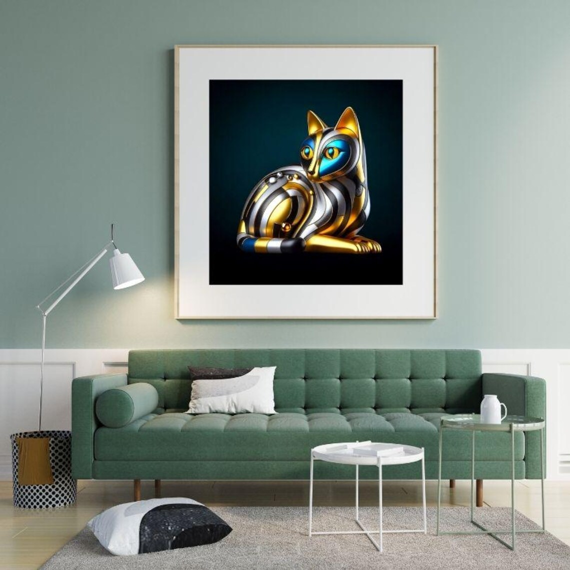 Gold Blue Metallic Striped Curled Cat Modern Decorative Art Poster - Image 3