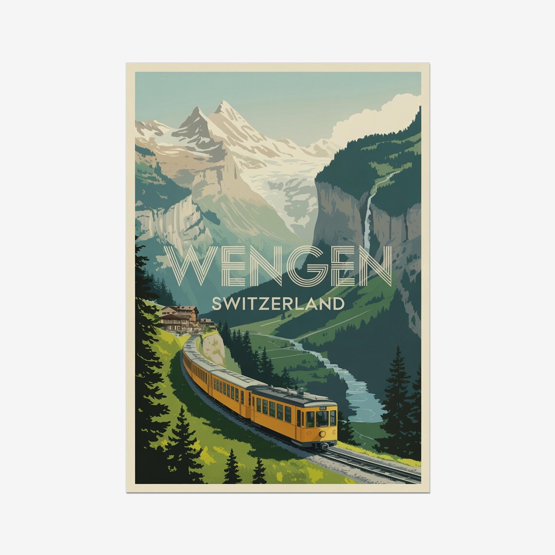 Wengen Switzerland Yellow Alpine Train Mountain Railway Travel Poster