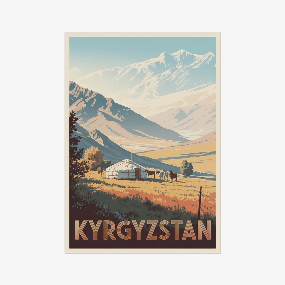 Kyrgyzstan Yurt Horses and Snowy Mountains Vintage Travel Poster