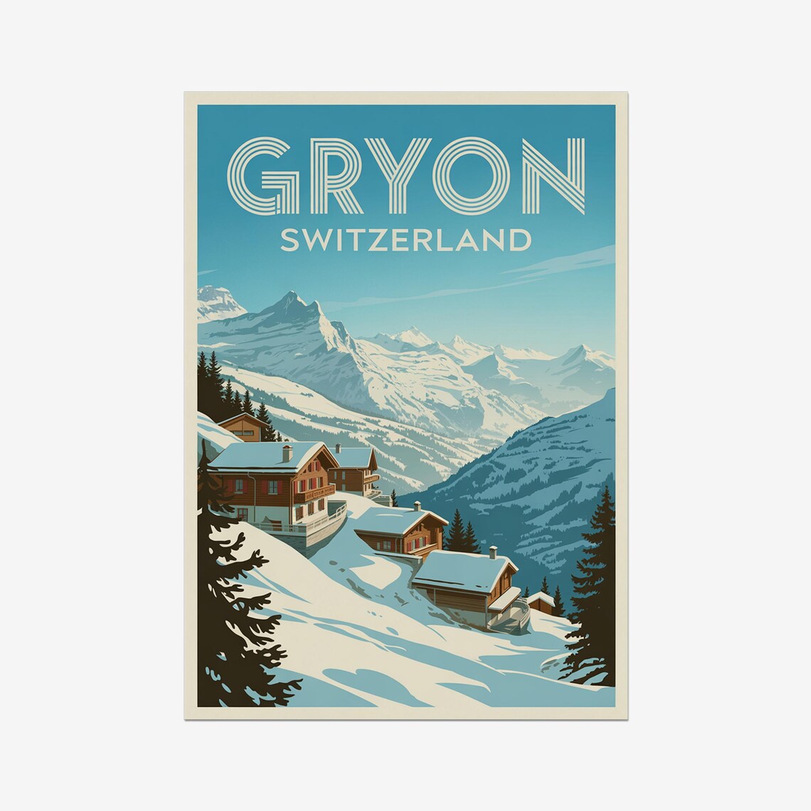 Gryon Switzerland Snowy Chalet Village Alpine Vintage Travel Poster