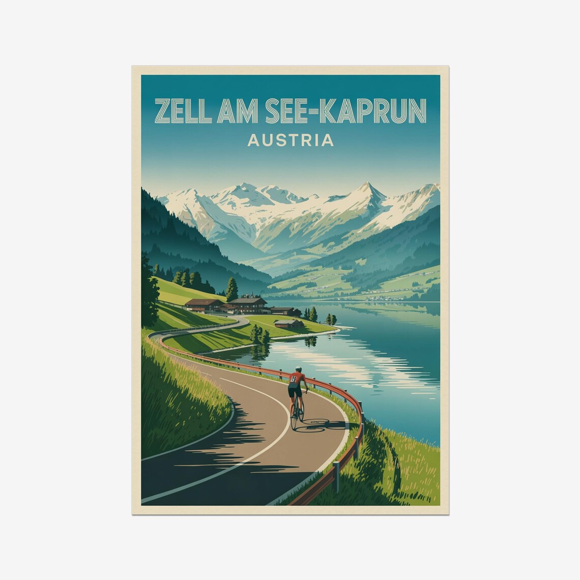 Zell Am See Kaprun Austria Cycling Mountain Lake Retro Travel Poster
