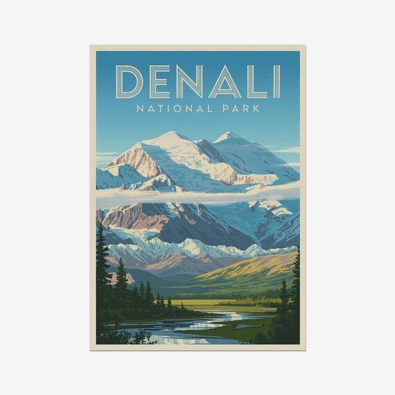 Denali National Park Alaska Snowy Peak Vintage Travel Poster