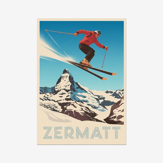 Zermatt Vintage Travel Poster, Switzerland Skiing