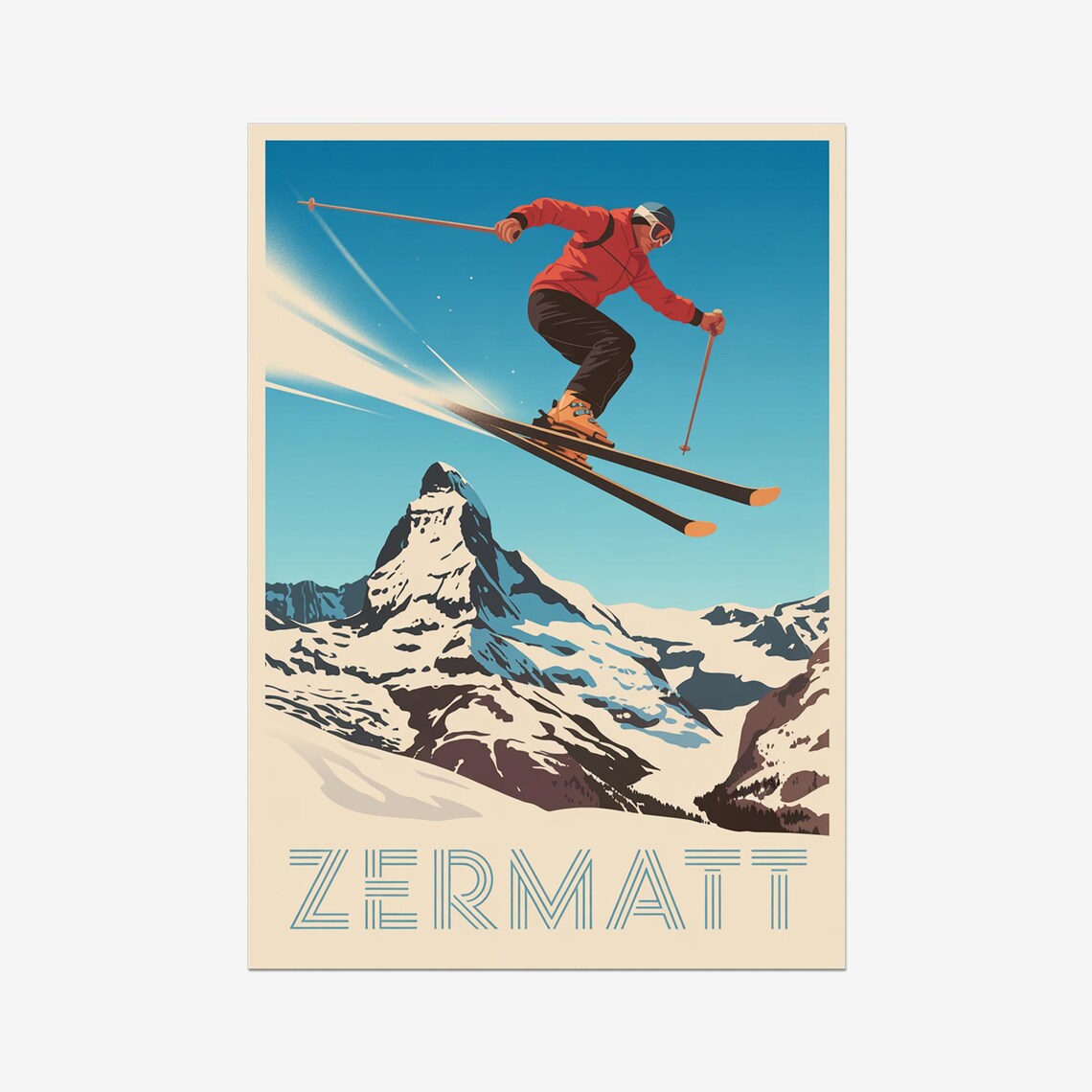 Zermatt Vintage Travel Poster, Switzerland Skiing