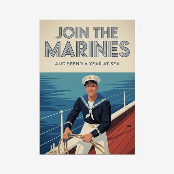 Join The Marines Sailor Ship Vintage Military Recruit Poster