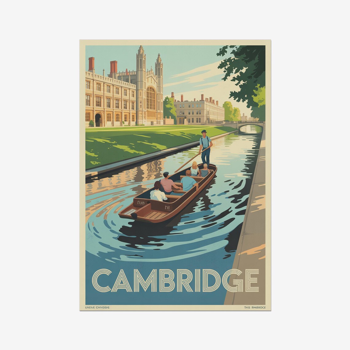 Cambridge England Punting River Boat College Vintage Travel Poster