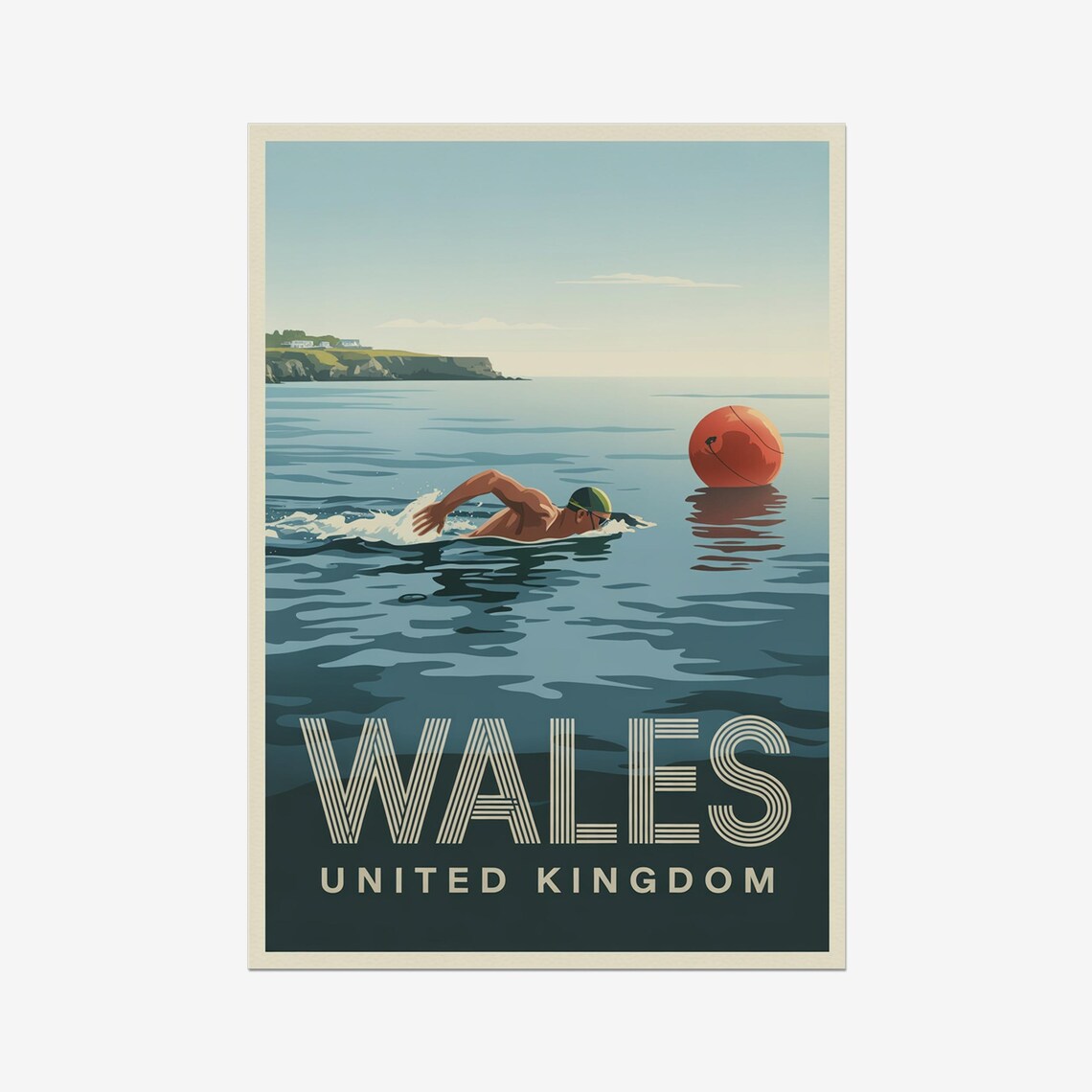 Wales United Kingdom Open Water Swimmer Buoy Vintage Sports Poster