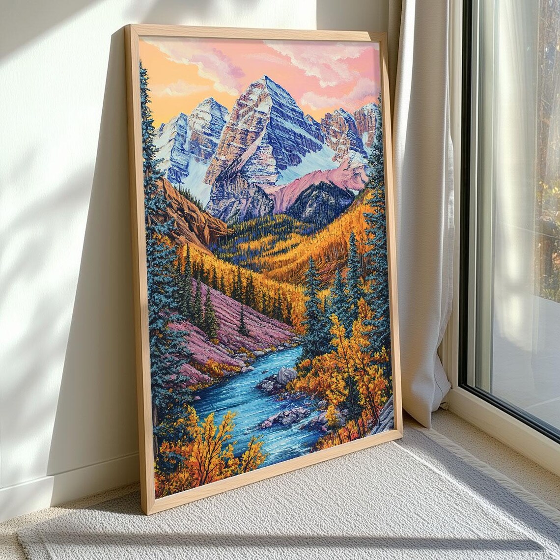 Snow Capped Mountain Peaks Over Autumn Valley River Scenic Art Poster - Image 2