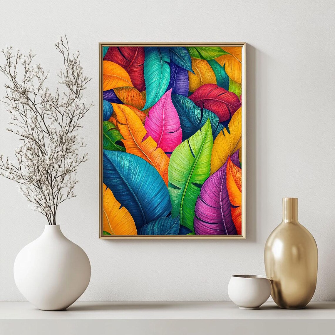 Bold Vibrant Tropical Banana Leaves Rainbow Botanical Wall Art - Image 2