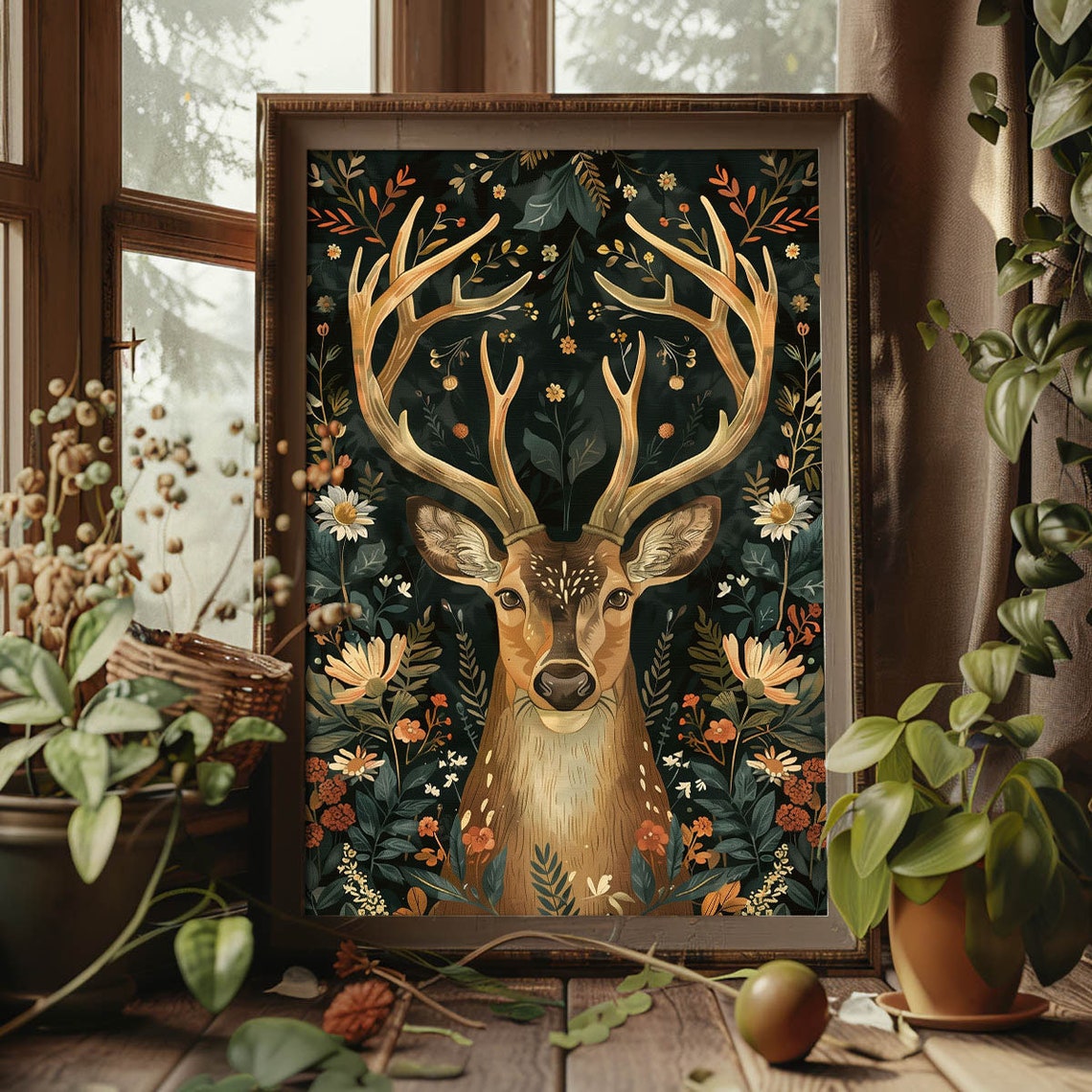 Deer With Large Antlers Dark Botanical Floral Woodland Poster - Image 3