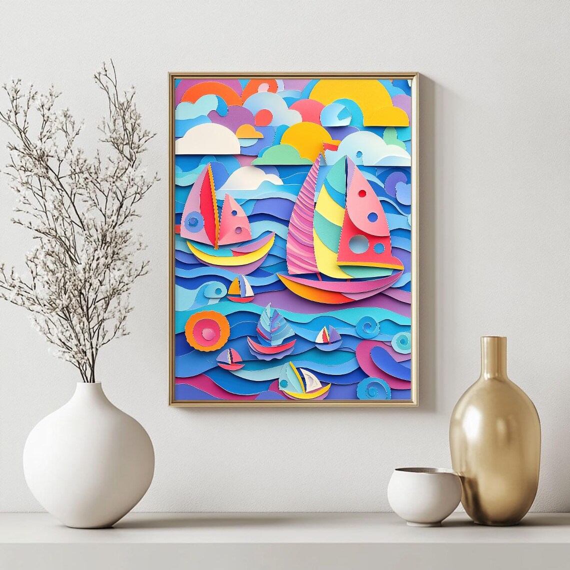Playful Paper Cut Sailboats Layered Ocean Kids Room Wall Art - Image 2