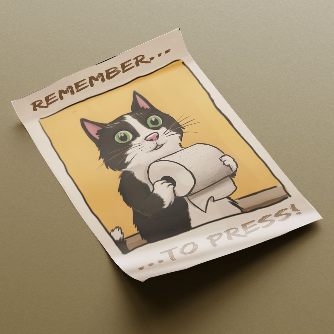 Remember To Press Cat With Toilet Paper Funny Bathroom Poster - Image 2