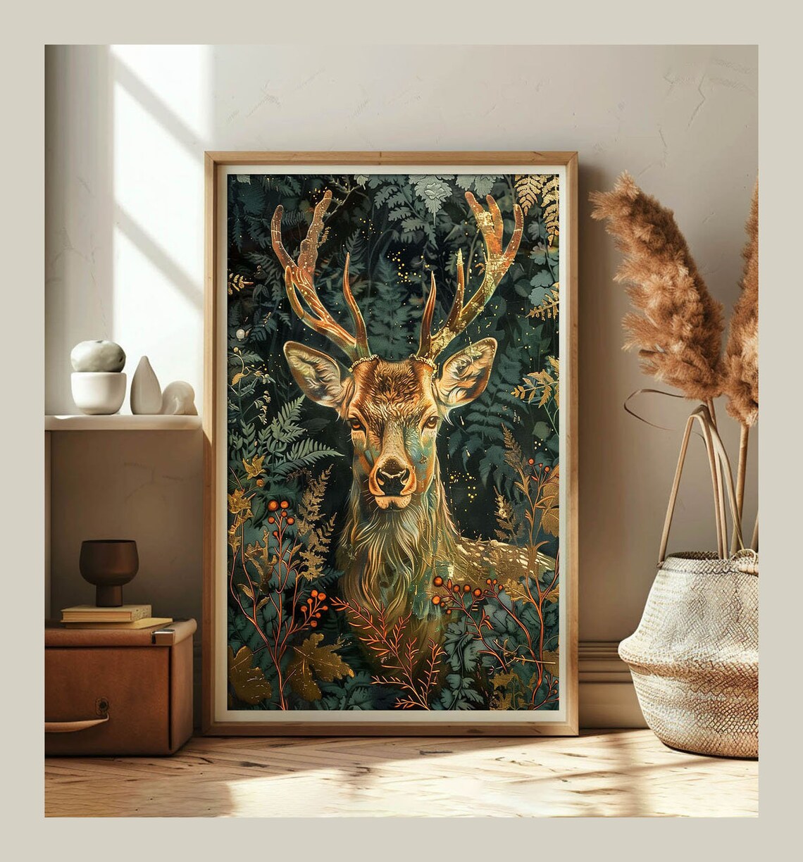 Proud Deer Golden Antlers Midnight Forest Botanical Art Poster