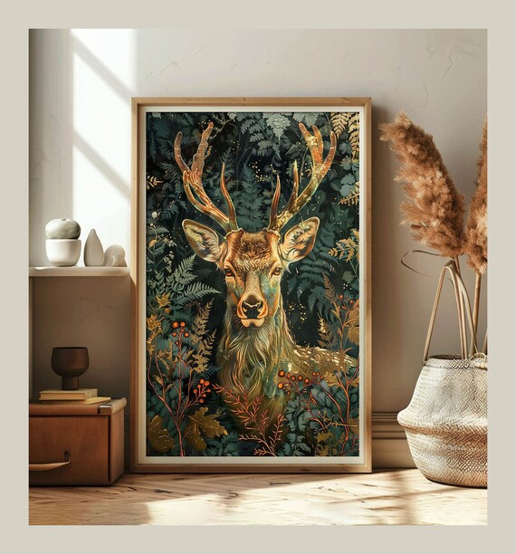 Proud Deer Golden Antlers Midnight Forest Botanical Art Poster