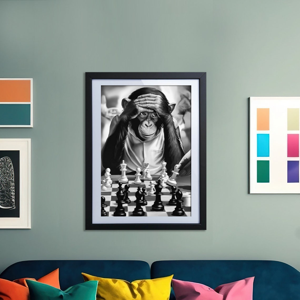 Chimpanzee Playing Chess Funny Black And White Monkey Poster - Image 3