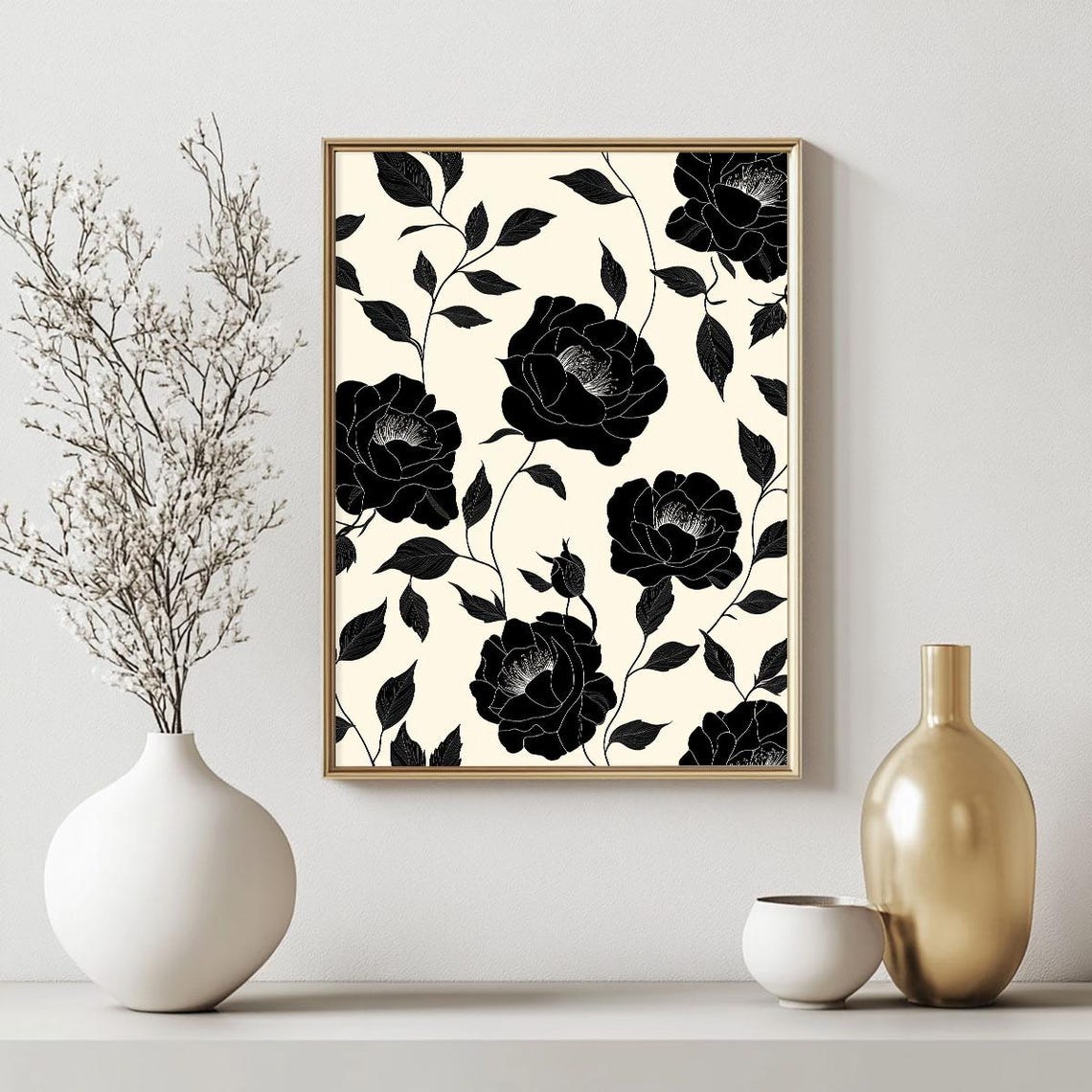 Modern Black Floral Pattern on Cream Elegant Botanical Wall Art - Image 2