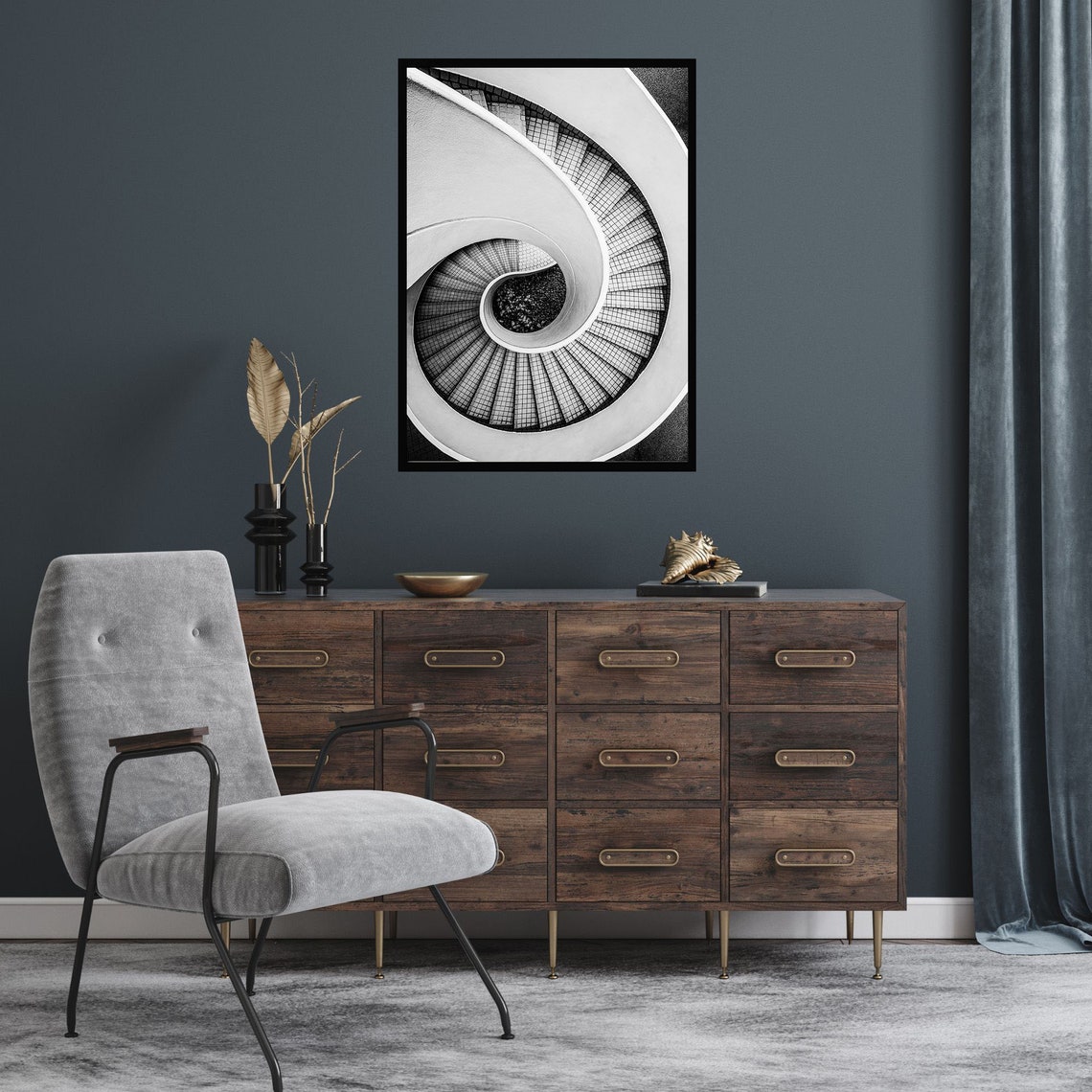 Black and White Spiral Staircase Architecture Photo Wall Art - Image 3