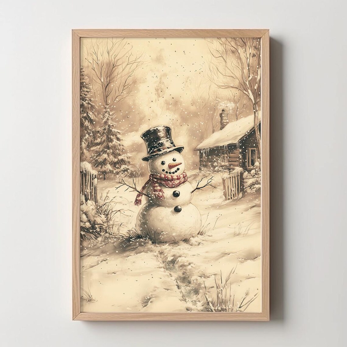Vintage Snowman With Top Hat And Scarf In Snowy Village Scene Poster