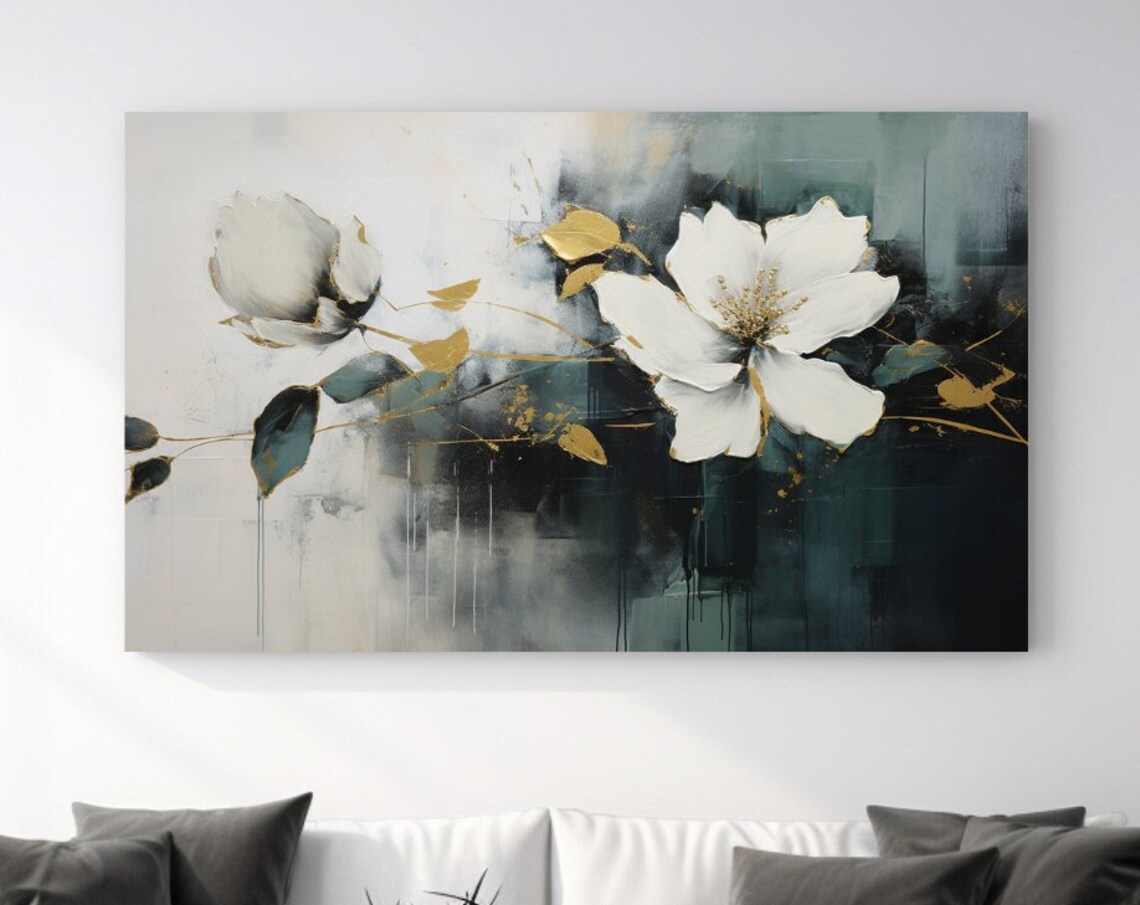 White Blossoms With Gold Leaves On Dark Green Gray Floral Art Poster