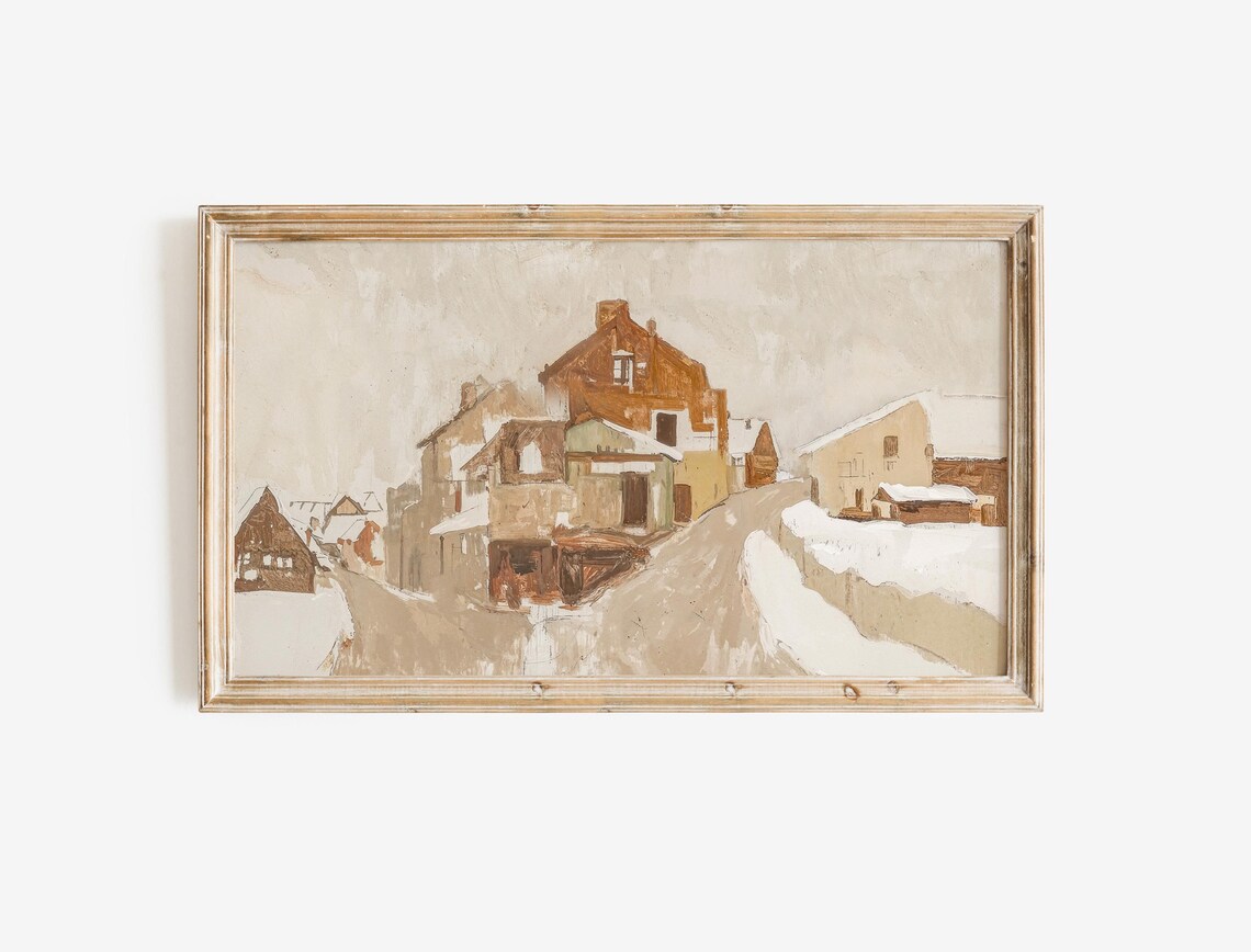 Snowy Village Street Warm Neutral Impressionist Winter Town Poster - Image 4