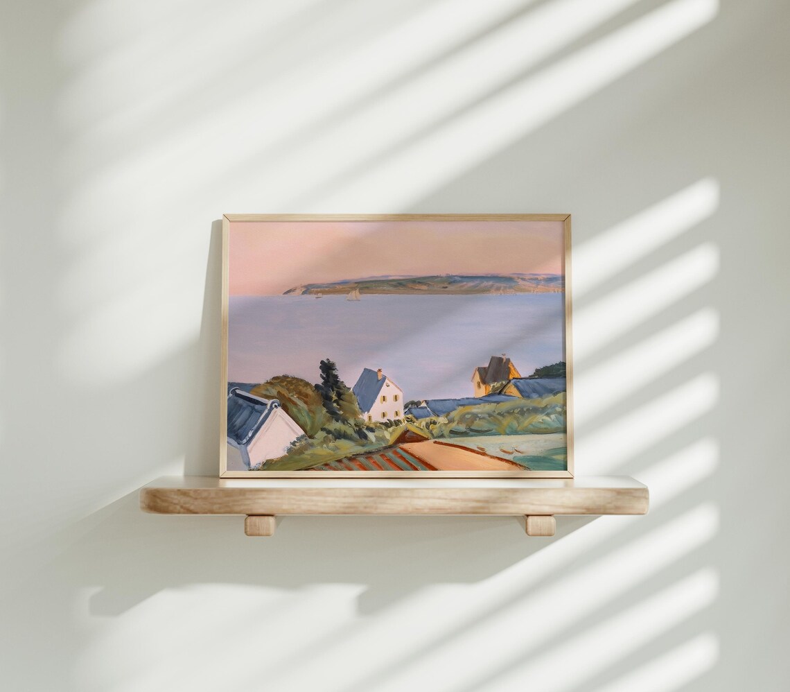 Coastal Village Bay at Sunset Pink Sky Seaside Town Art Poster - Image 3