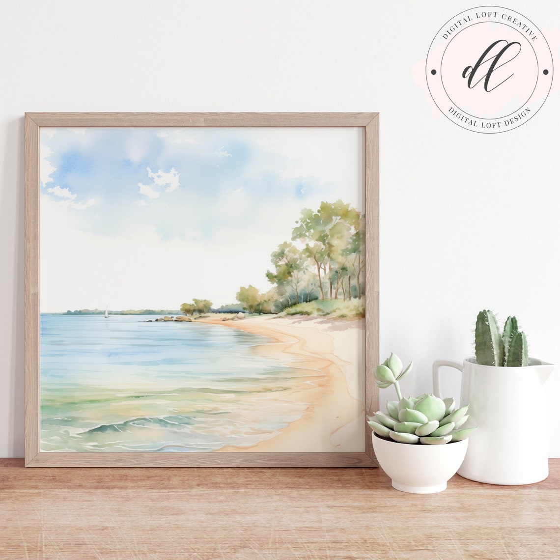 Watercolor Sandy Beach with Trees Sunny Coastal Scene Art Poster