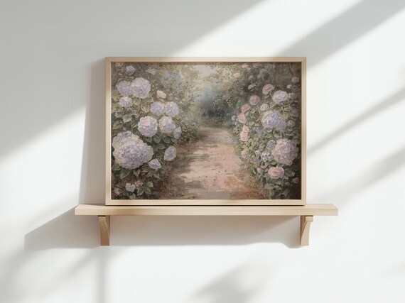 Vintage Garden Pathway Floral Print Pastel Hydrangea Walk Landscape Art