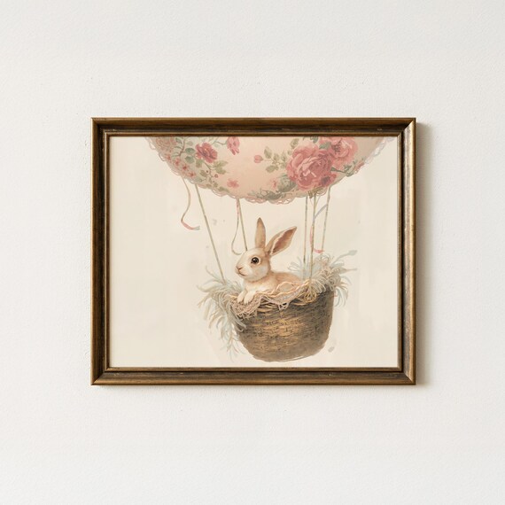 Bunny Hot Air Balloon Floral Canopy Pastel Nursery Kids Print