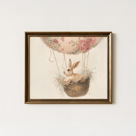 Rabbit Floral Balloon Nursery Print Pastel Kids Room Art