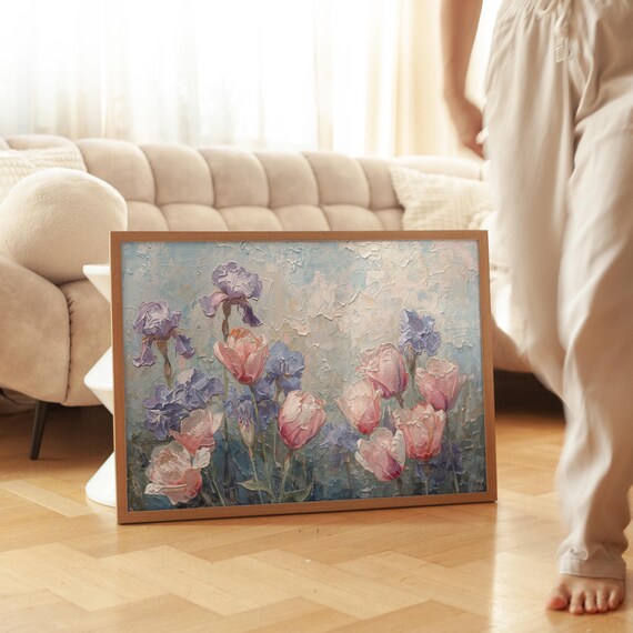 Pink Tulips Purple Irises Textured Impasto Floral Still Life Artwork Poster