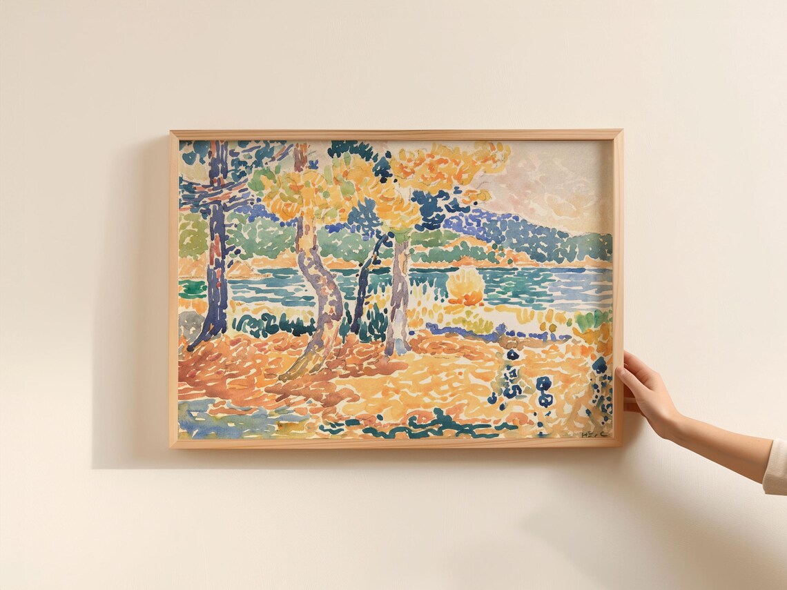 Pointillist Lakeside Trees Dotted Autumn Landscape Golden Painting Poster