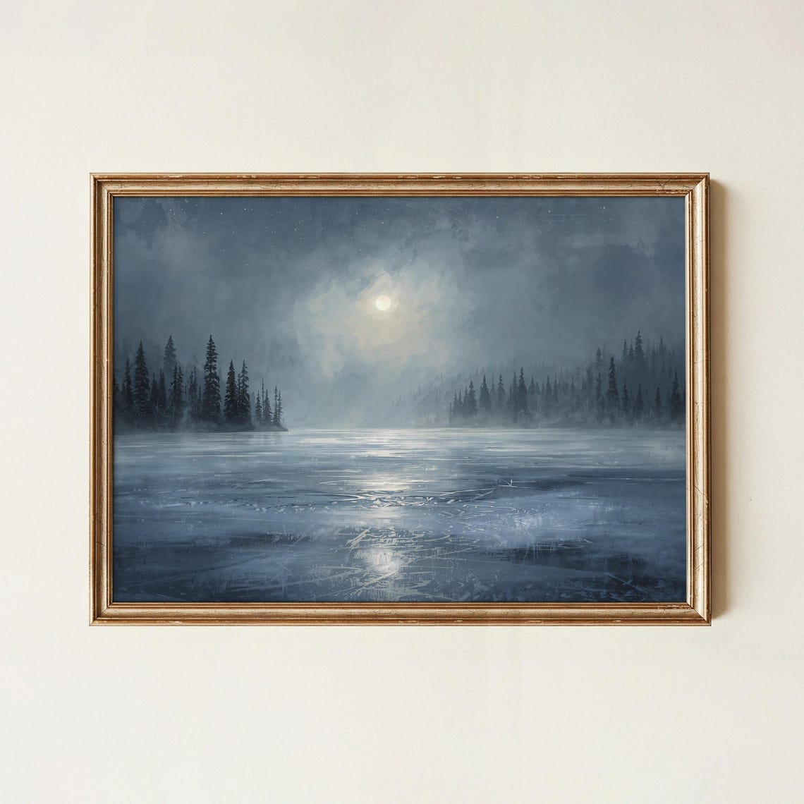 Vintage Moonlit Frozen Lake Pine Forest Serene Winter Night Poster