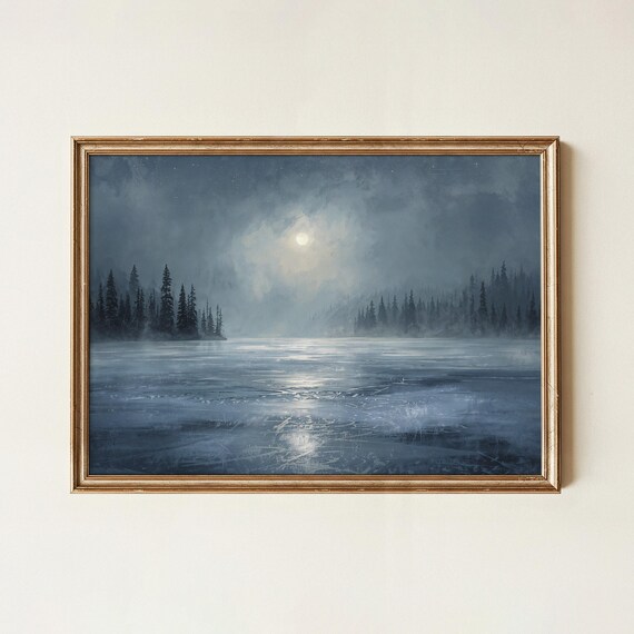 Vintage Moonlit Frozen Lake Pine Forest Serene Winter Night Poster