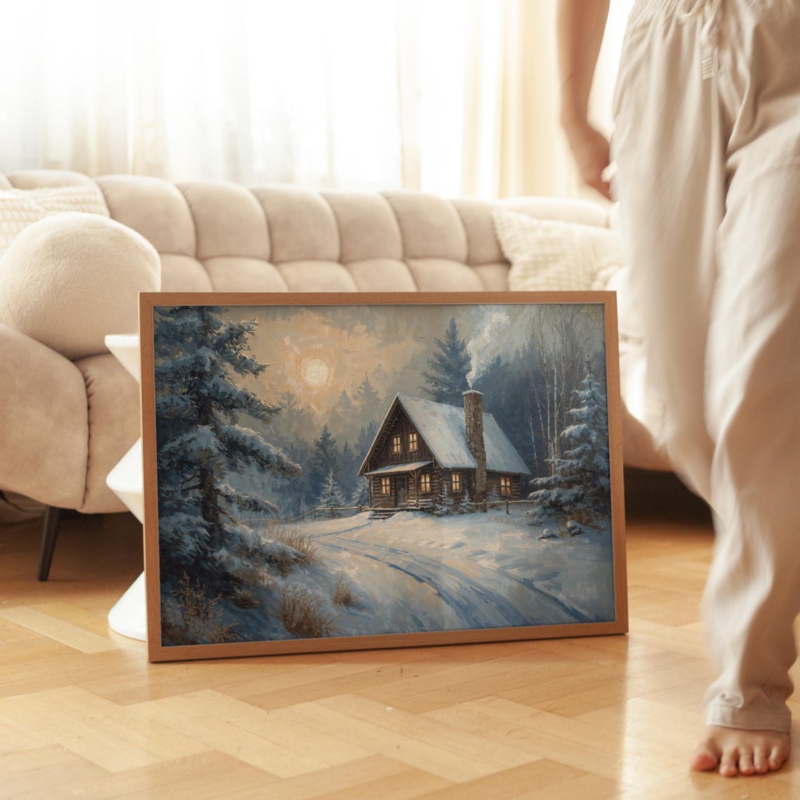 Cozy Log Cabin Snowy Pine Forest Dusk Christmas Holiday Winter Poster
