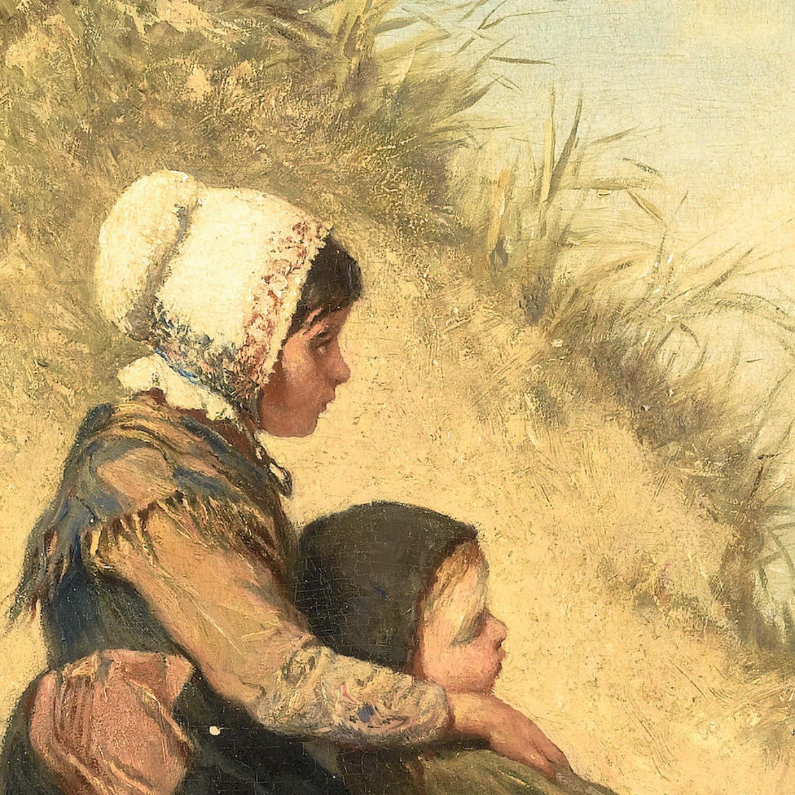 Two Children Embracing on Seaside Sand Dunes Coastal Painting Poster - Image 2